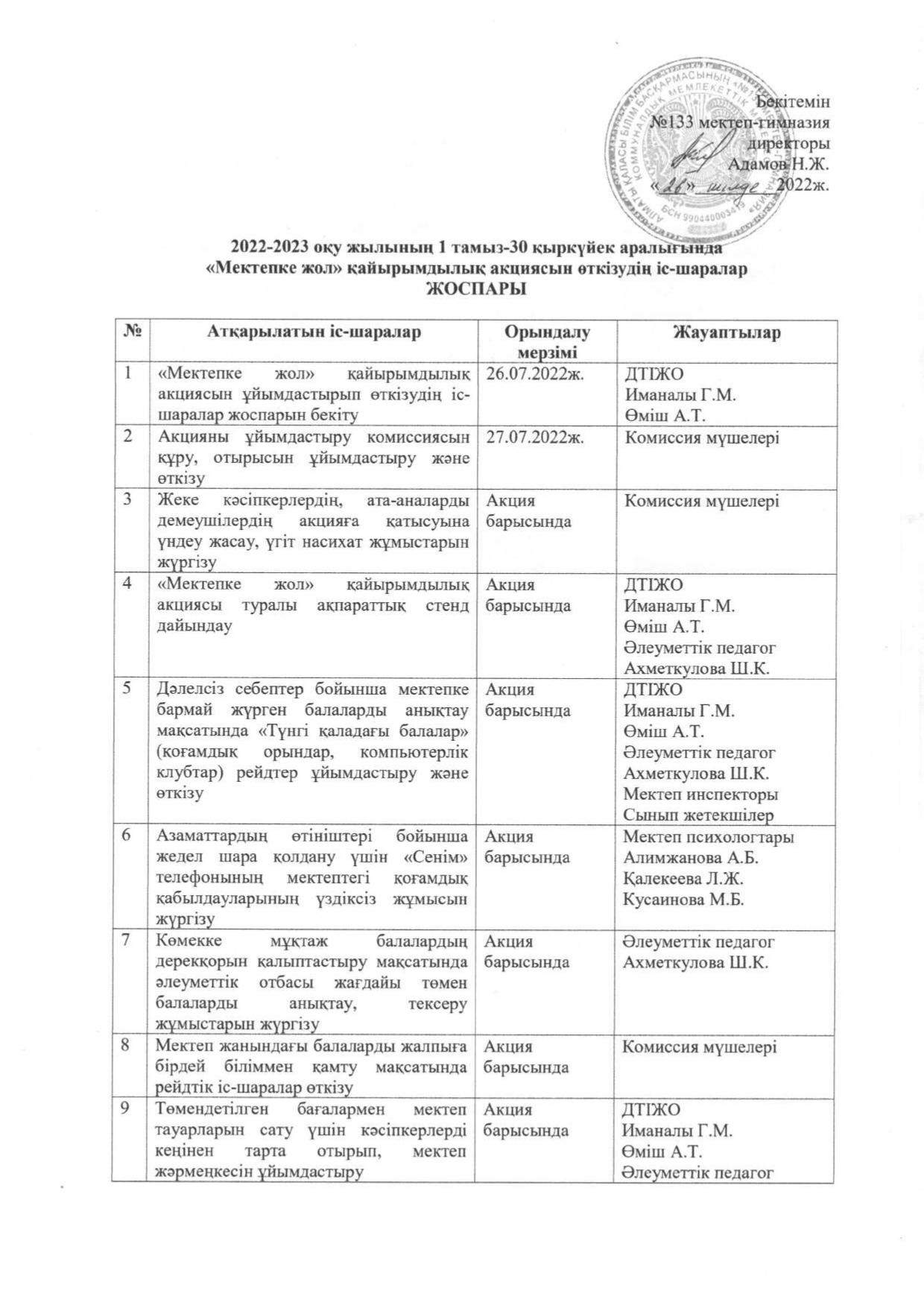 План проведения мероприятий общереспубликанской Акции «ДОРОГА В ШКОЛУ» под девизом «Дорога в школу - Добро без границ» с 1 августа по 30 сентября 2022
