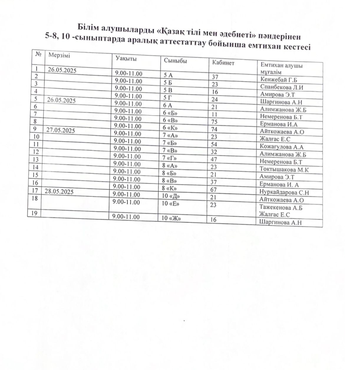 5-8, 10 - СЫНЫП ОҚУШЫЛАРЫНА "ҚАЗАҚ ТІЛІ" ПӘНІ БОЙЫНША АРАЛЫҚ АТТЕСТАТТАУ( ЕМТИХАН) КЕСТЕСІ, 2024-2025 оқу жылы