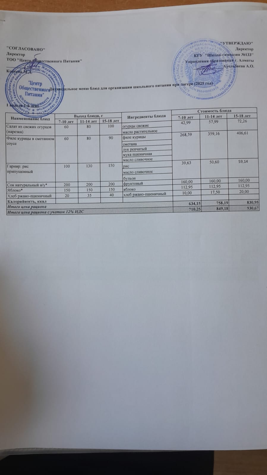 Меню лагерь 26/05/2025 г