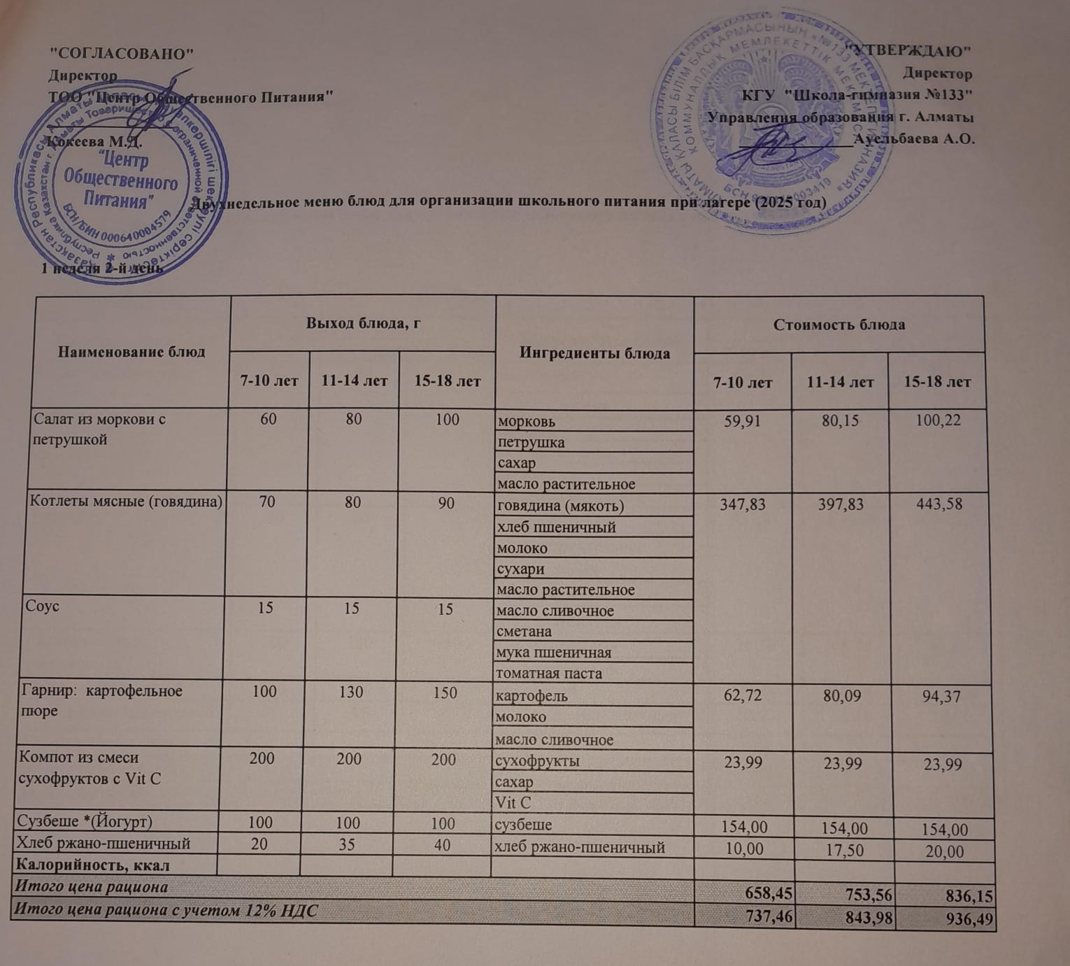 Меню лагерь 27/05/2025 г