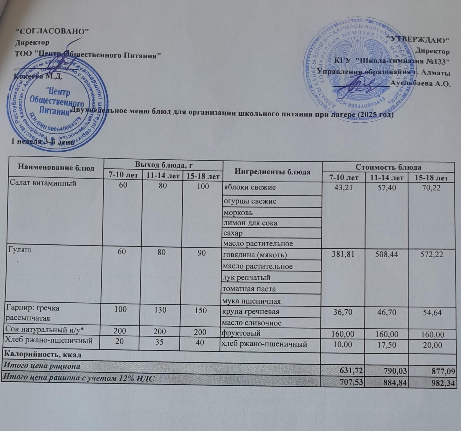 Меню лагерь 28/05/2025 г