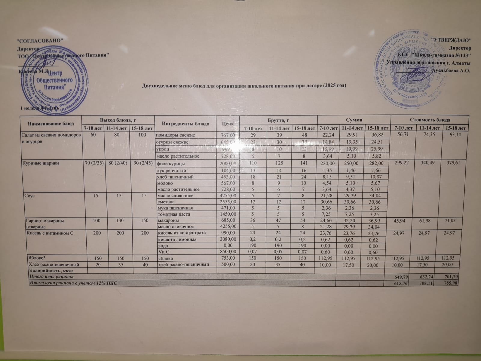 Меню лагерь 29/05/2025 г